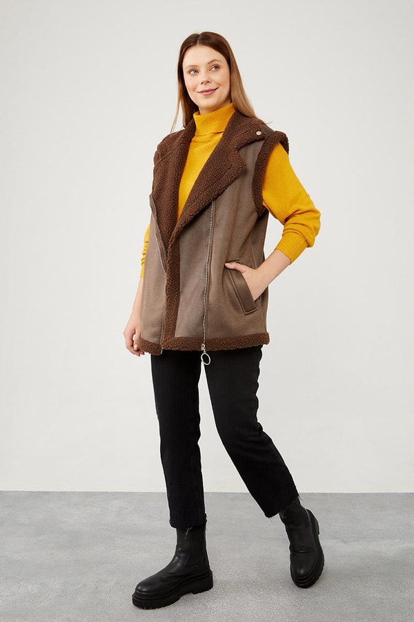 LevidorLevidor Kahve Peluş içli Deri Yelek