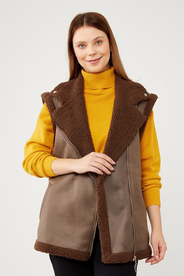 LevidorLevidor Kahve Peluş içli Deri Yelek