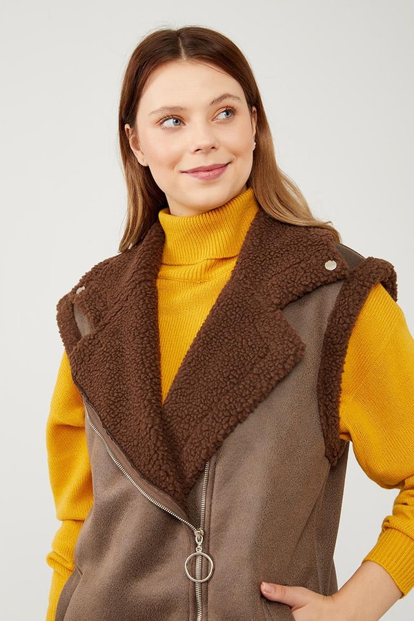 LevidorLevidor Kahve Peluş içli Deri Yelek