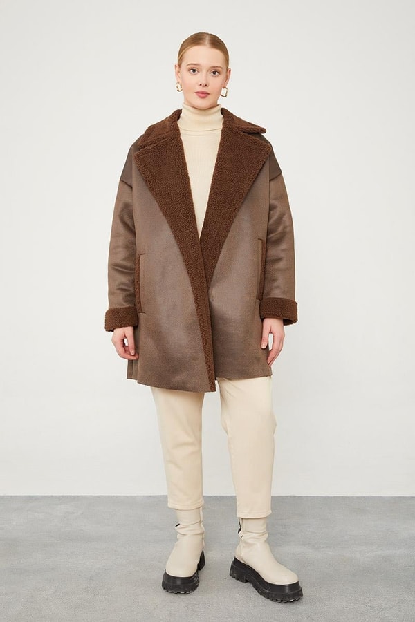 LevidorLevidor Kahve Yün Detaylı Suni Deri Kısa Kaban