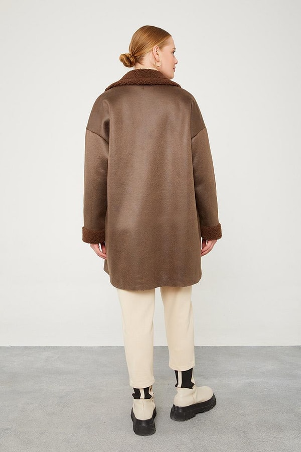 LevidorLevidor Kahve Yün Detaylı Suni Deri Kısa Kaban