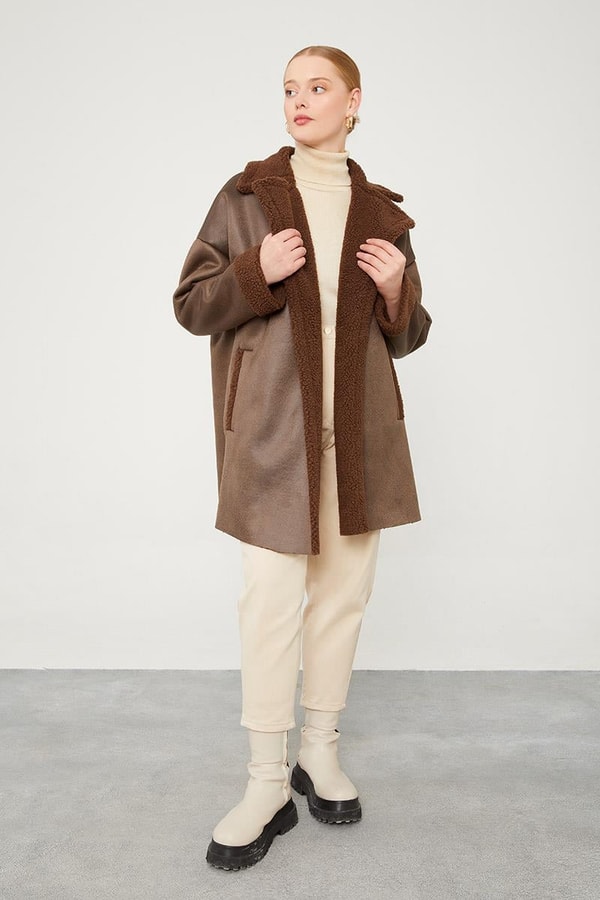 LevidorLevidor Kahve Yün Detaylı Suni Deri Kısa Kaban