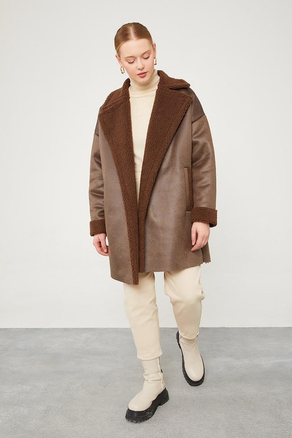 LevidorLevidor Kahve Yün Detaylı Suni Deri Kısa Kaban