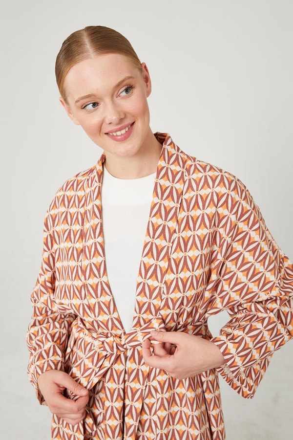 LevidorLevidor Kiremit Desenli Keten Kuşak Bağlamalı Kimono Takım