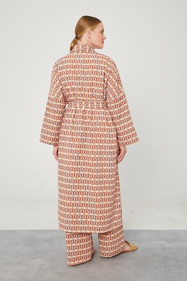 LevidorLevidor Kiremit Desenli Keten Kuşak Bağlamalı Kimono Takım