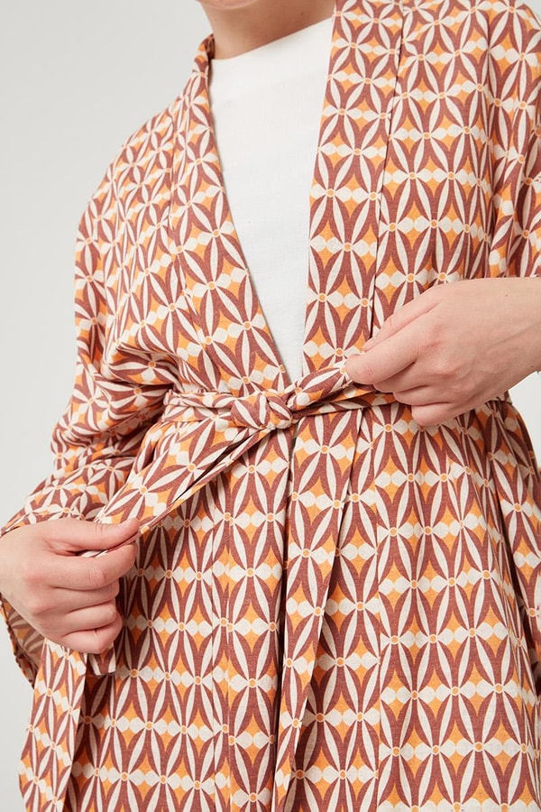 LevidorLevidor Kiremit Desenli Keten Kuşak Bağlamalı Kimono Takım