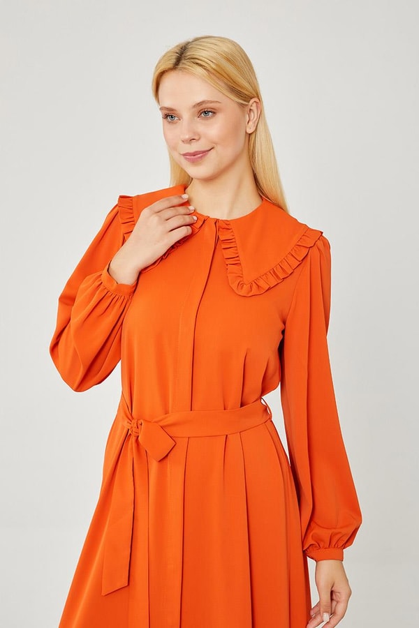 LevidorLevidor Kiremit Yakası Fırfır Detaylı Elbise