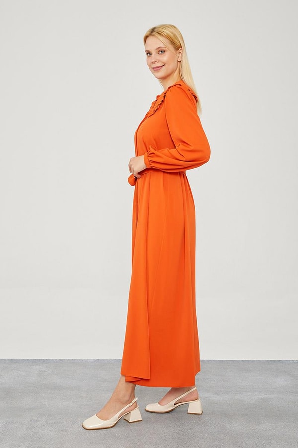 LevidorLevidor Kiremit Yakası Fırfır Detaylı Elbise