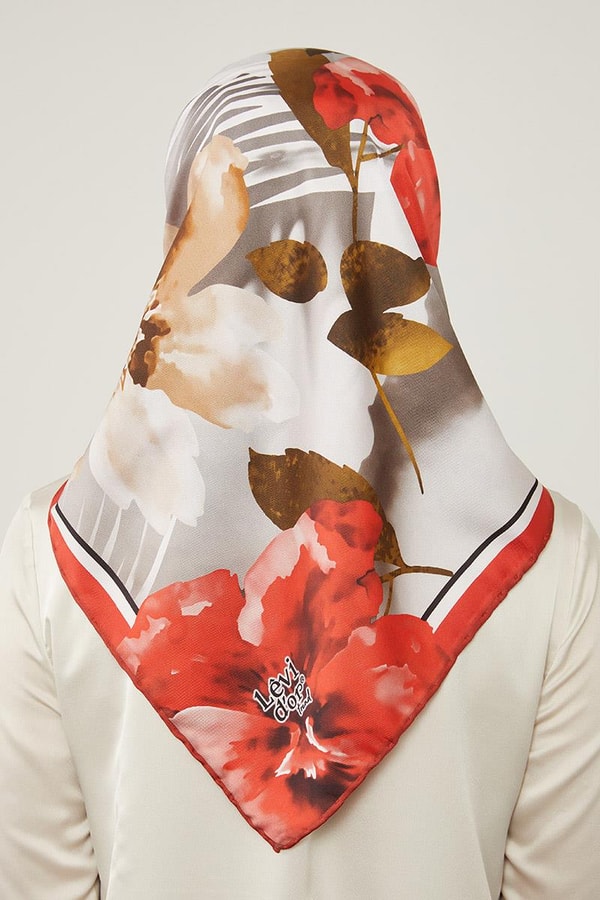 LevidorLevidor Kırmızı Çiçek Desen Trend Twill Eşarp