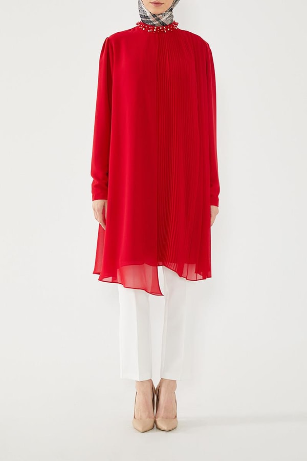 LevidorLevidor Kırmızı İki Farklı Pliseli Tunik