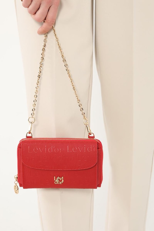 LevidorLevidor Kırmızı Monogram Baskılı Zincir Askılı Cüzdan