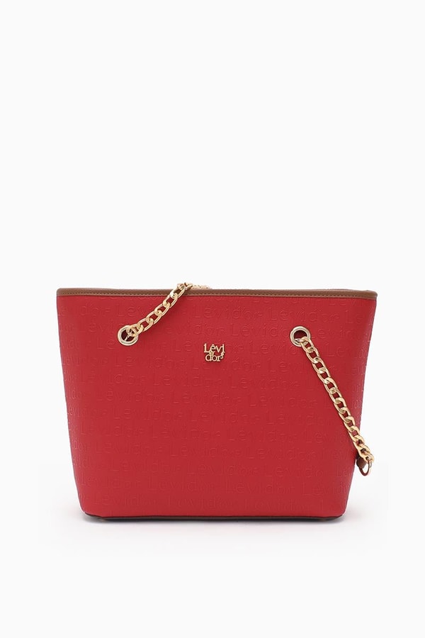 LevidorLevidor Kırmızı Monogram Baskılı Zincir Askılı Tote Çanta