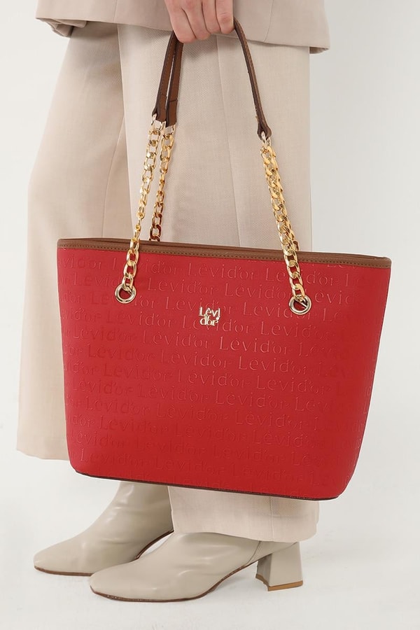 LevidorLevidor Kırmızı Monogram Baskılı Zincir Askılı Tote Çanta