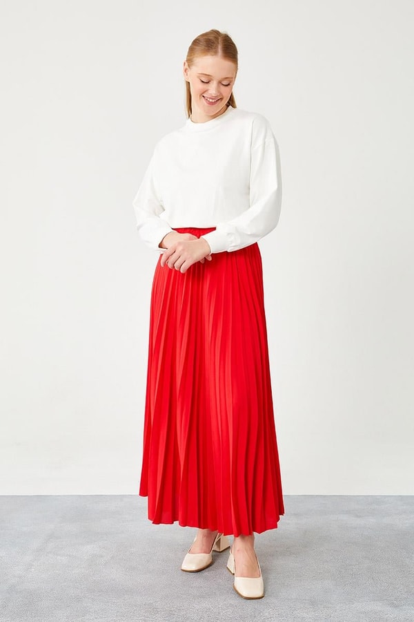 LevidorLevidor Kırmızı Pliseli Beli Lastikli Etek