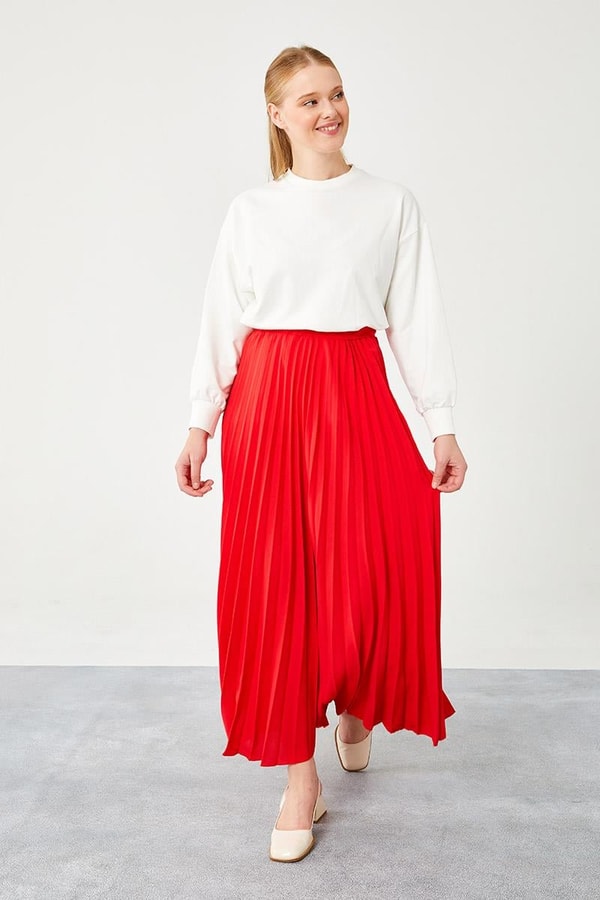 LevidorLevidor Kırmızı Pliseli Beli Lastikli Etek