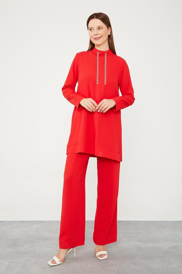 LevidorLevidor Kırmızı Taş Zincir Aksesuarlı İkili Takım