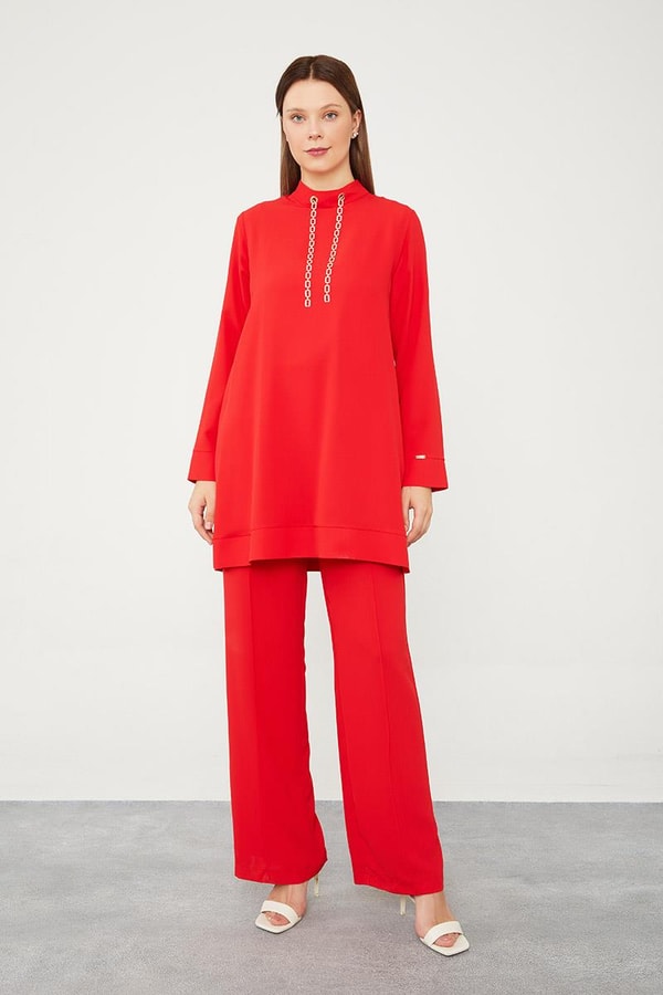 LevidorLevidor Kırmızı Taş Zincir Aksesuarlı İkili Takım