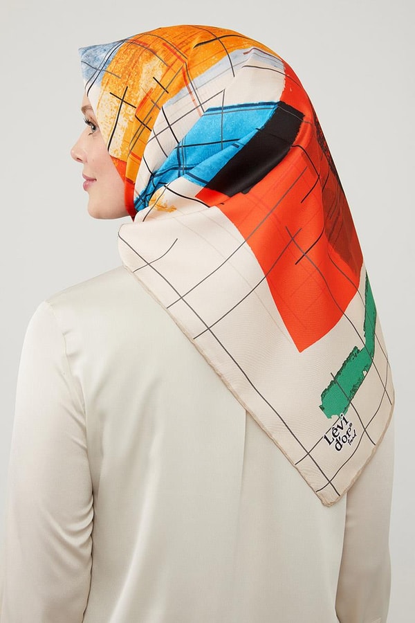 LevidorLevidor Krem Geometrik Çizgili Twill Eşarp