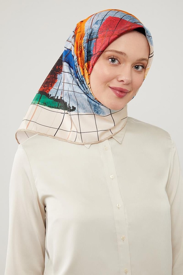 LevidorLevidor Krem Geometrik Çizgili Twill Eşarp