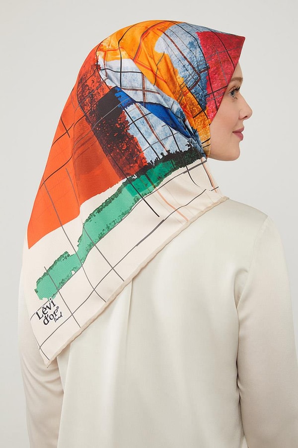 LevidorLevidor Krem Geometrik Çizgili Twill Eşarp