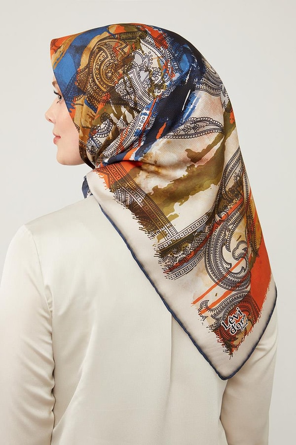 LevidorLevidor Lacivert Batik Etnik Baskılı Trend Twill Eşarp