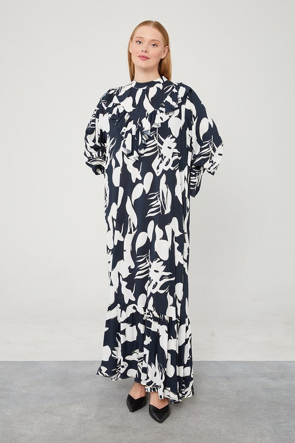 LevidorLevidor Lacivert Çiçek Desen Volanlı Elbise