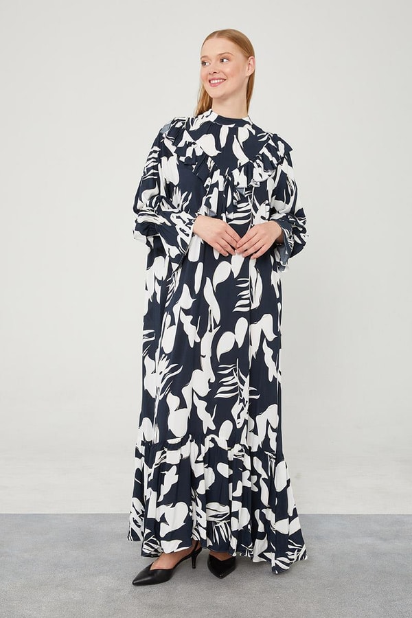 LevidorLevidor Lacivert Çiçek Desen Volanlı Elbise