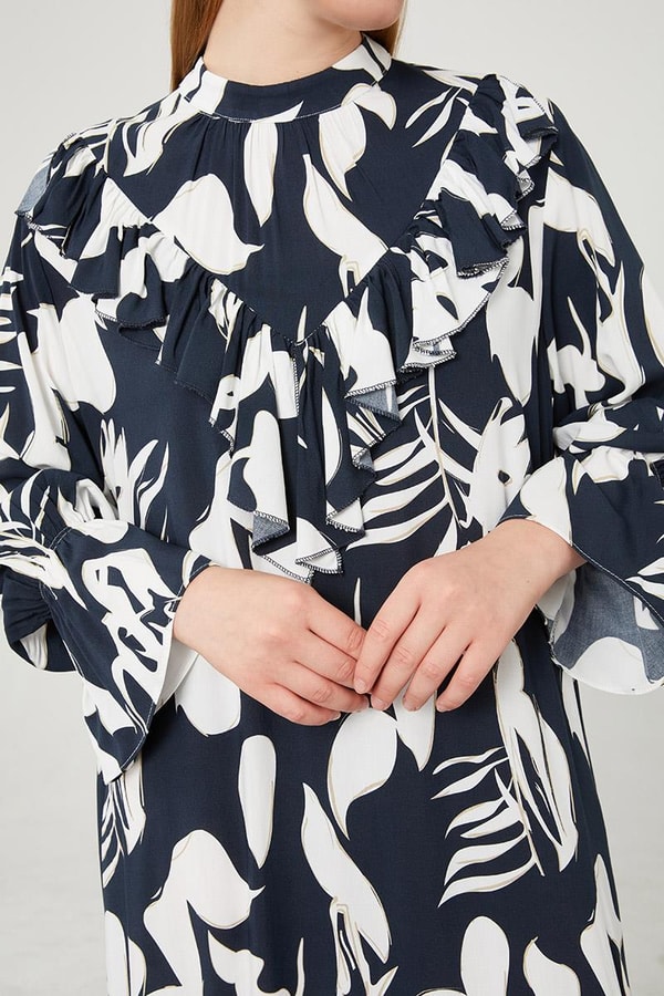 LevidorLevidor Lacivert Çiçek Desen Volanlı Elbise