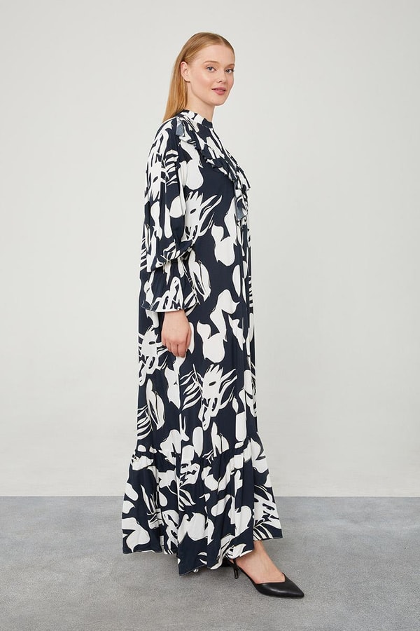 LevidorLevidor Lacivert Çiçek Desen Volanlı Elbise