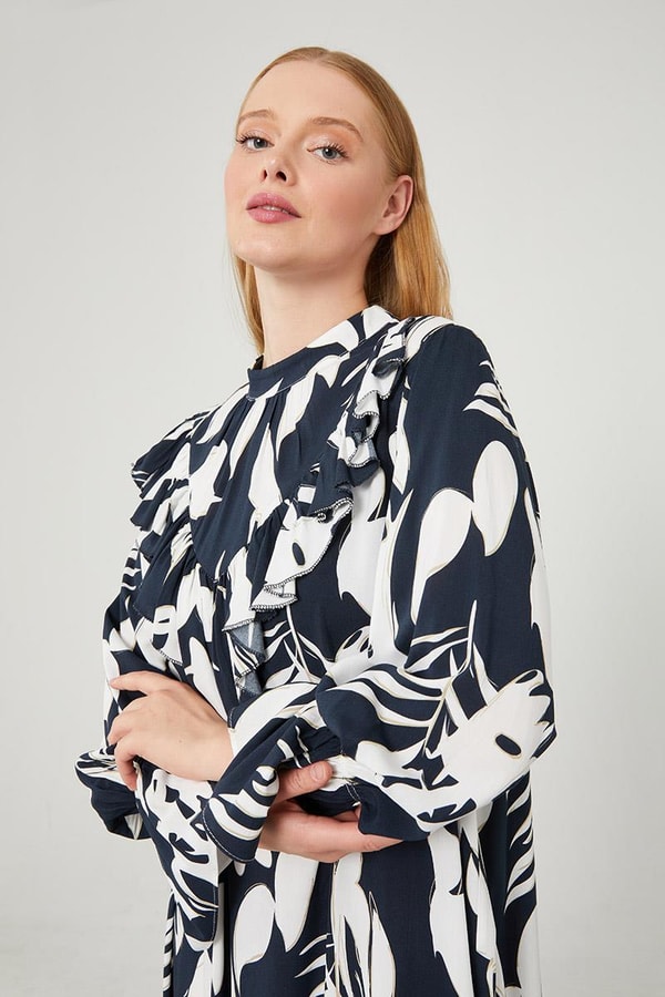 LevidorLevidor Lacivert Çiçek Desen Volanlı Elbise