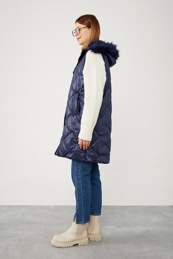 LevidorLevidor Lacivert Kapitone Kapüşonlu Çıtçıt Kapamalı Yelek