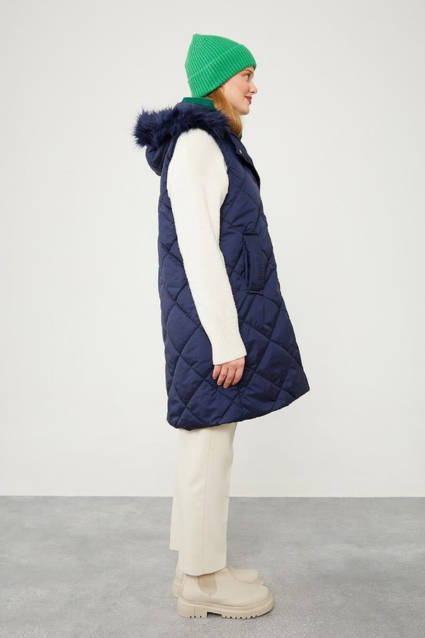 LevidorLevidor Lacivert Kürk Kapüşonlu Şişme Yelek