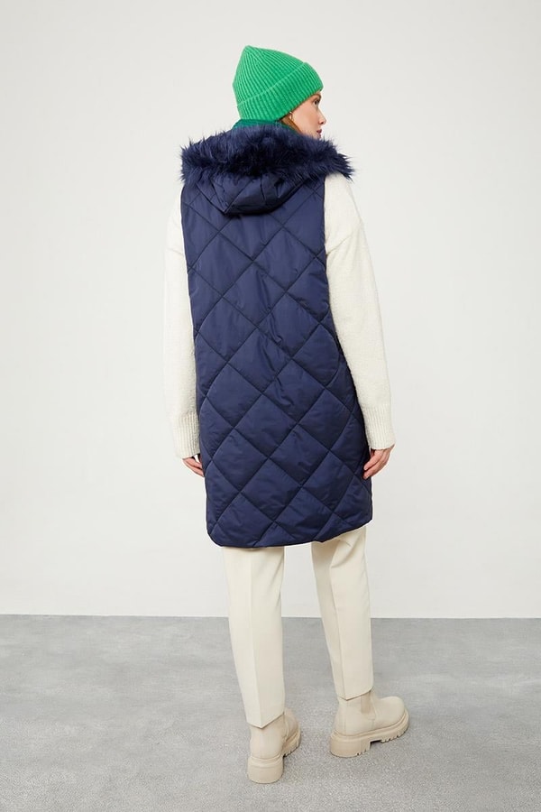 LevidorLevidor Lacivert Kürk Kapüşonlu Şişme Yelek