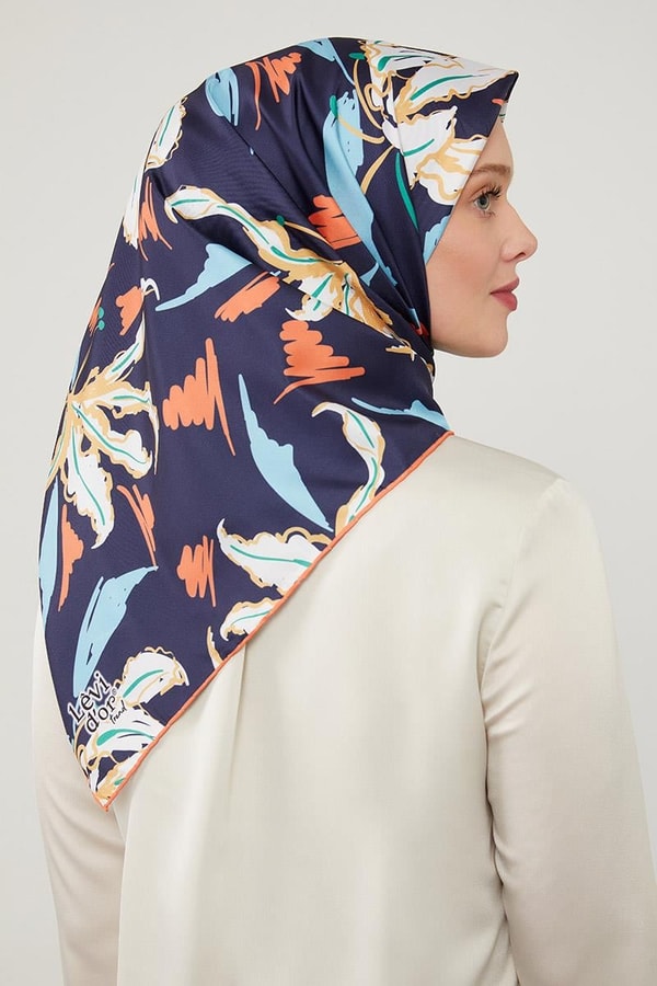 LevidorLevidor Lacivert Yaprak Desen Twill Eşarp
