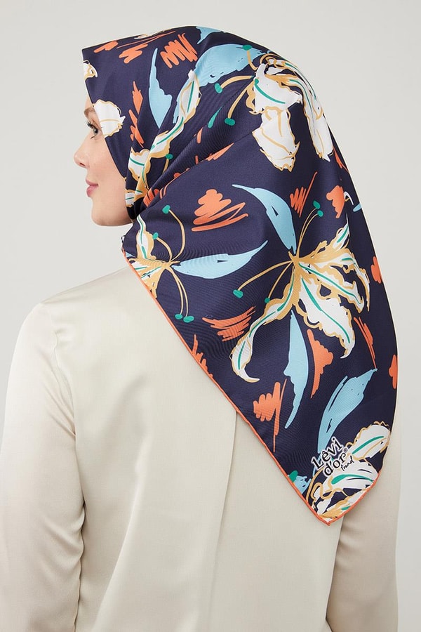 LevidorLevidor Lacivert Yaprak Desen Twill Eşarp