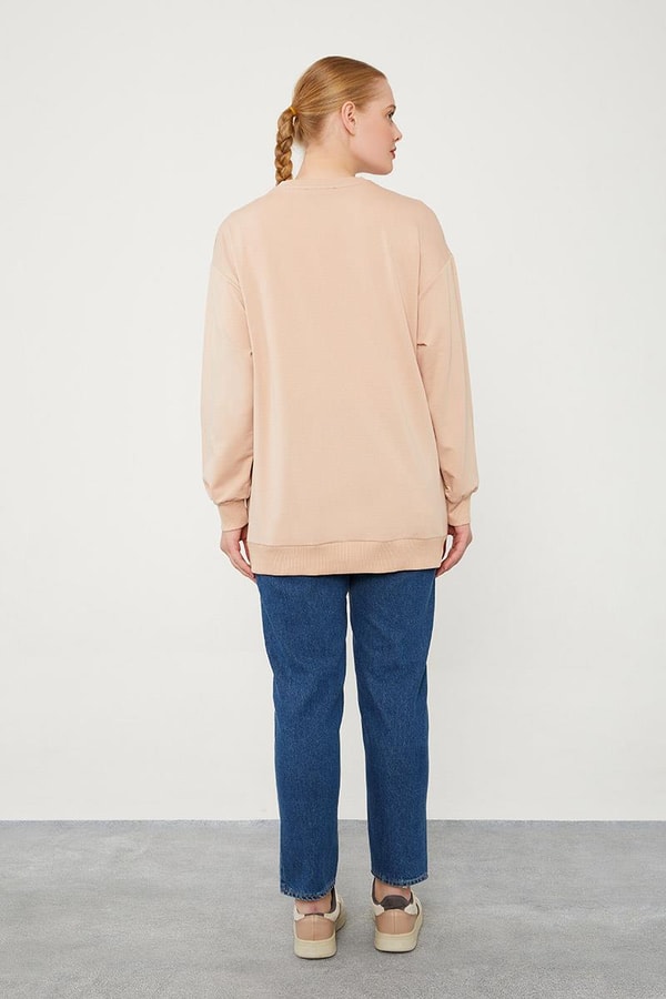 LevidorLevidor Latte Bisiklet Yaka Taş Baskılı Sweat