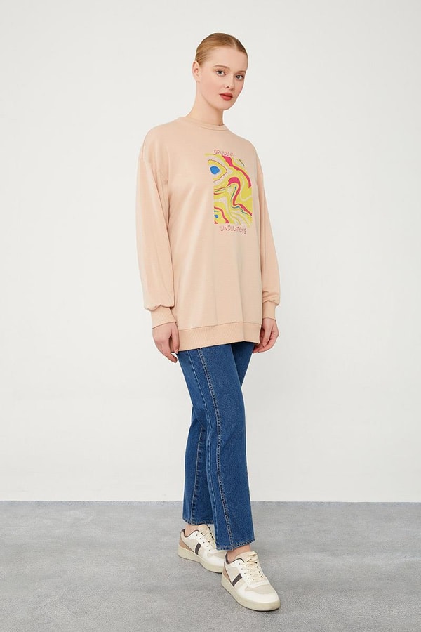 LevidorLevidor Latte Bisiklet Yaka Taş Baskılı Sweat