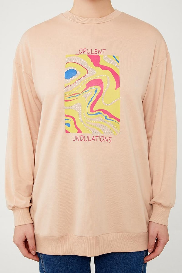 LevidorLevidor Latte Bisiklet Yaka Taş Baskılı Sweat