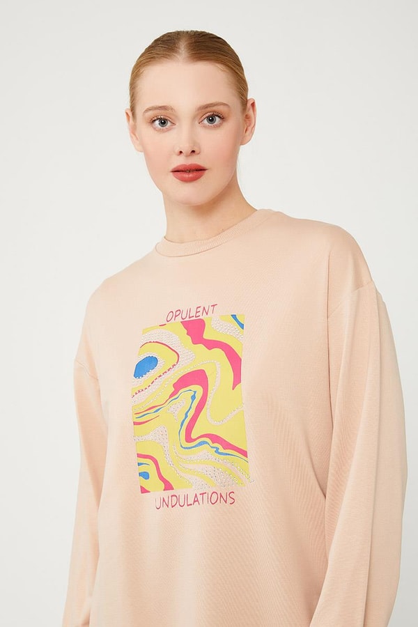 LevidorLevidor Latte Bisiklet Yaka Taş Baskılı Sweat