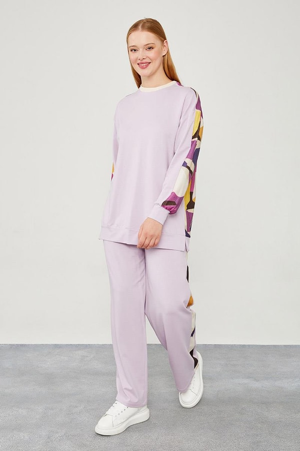 LevidorLevidor Lila Bisiklet Yaka Geometrik Desen Spor Takım
