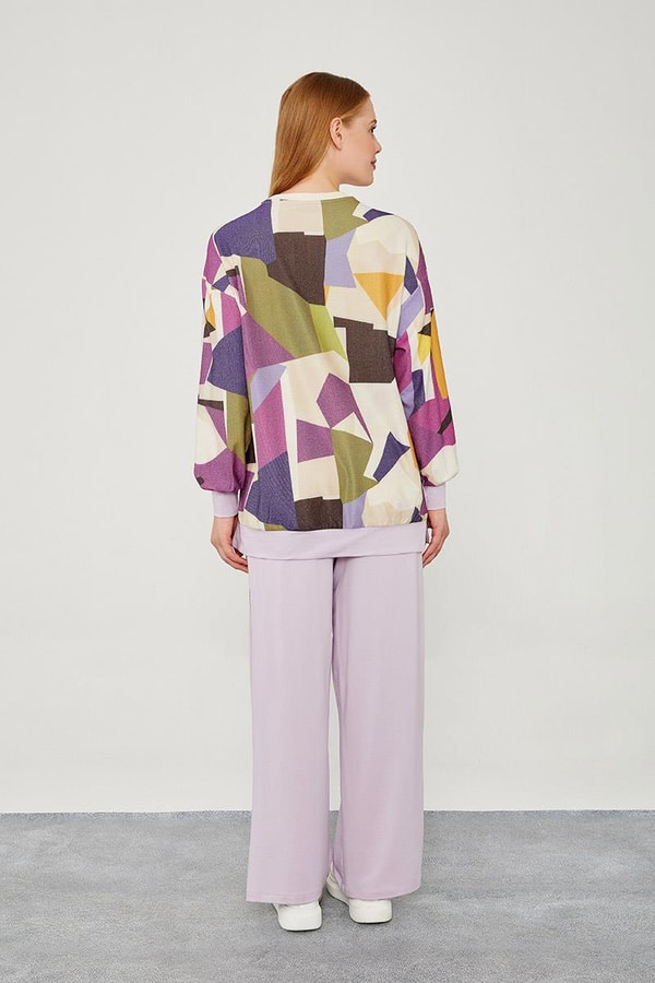 LevidorLevidor Lila Bisiklet Yaka Geometrik Desen Spor Takım