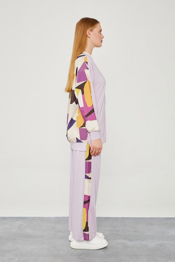 LevidorLevidor Lila Bisiklet Yaka Geometrik Desen Spor Takım