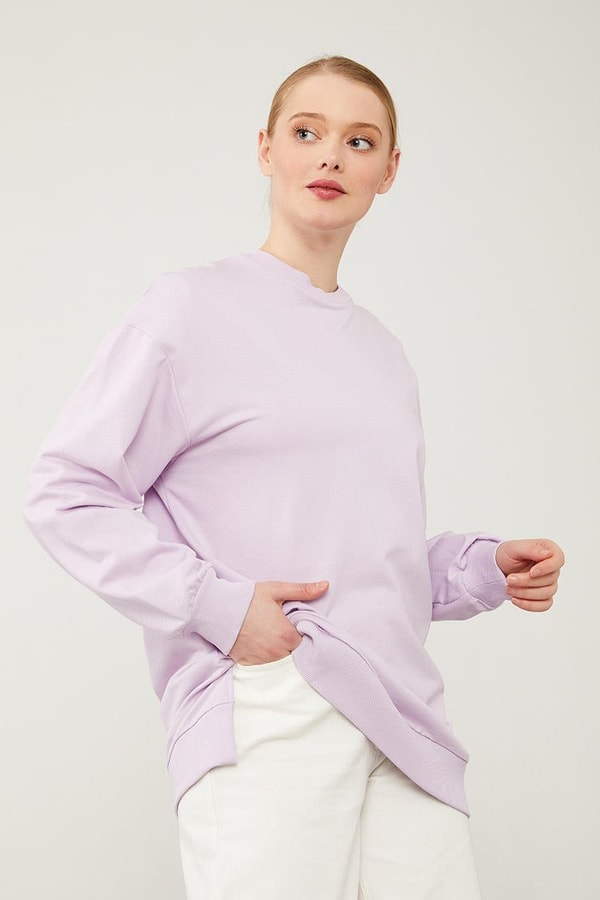 LevidorLevidor Lila Bisiklet Yaka Ribanalı Basic Sweat