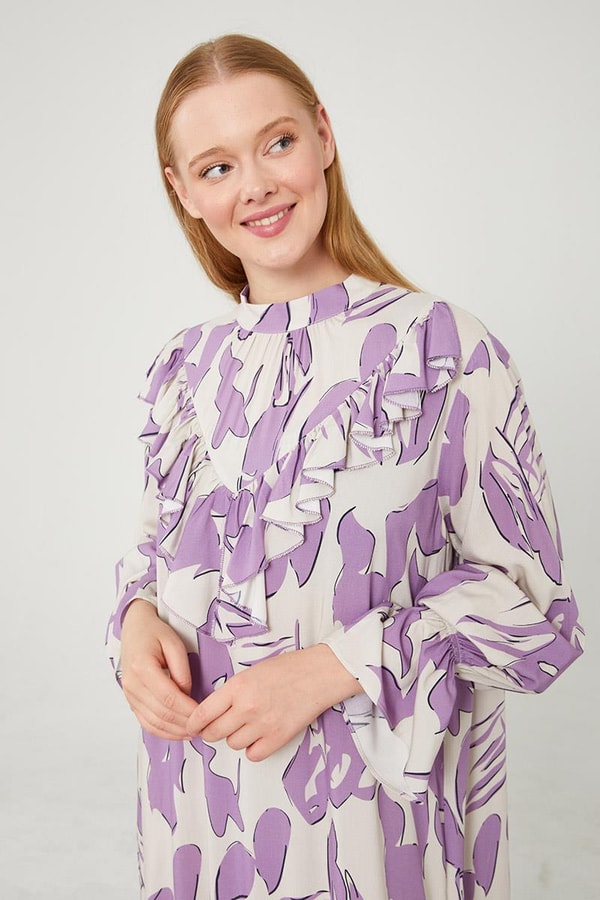 LevidorLevidor Lila Çiçek Desen Volanlı Elbise