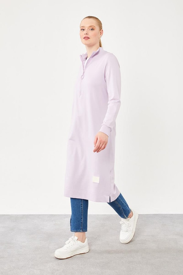 LevidorLevidor Lila Dik Yaka Fermuar Kapamalı Uzun Tunik