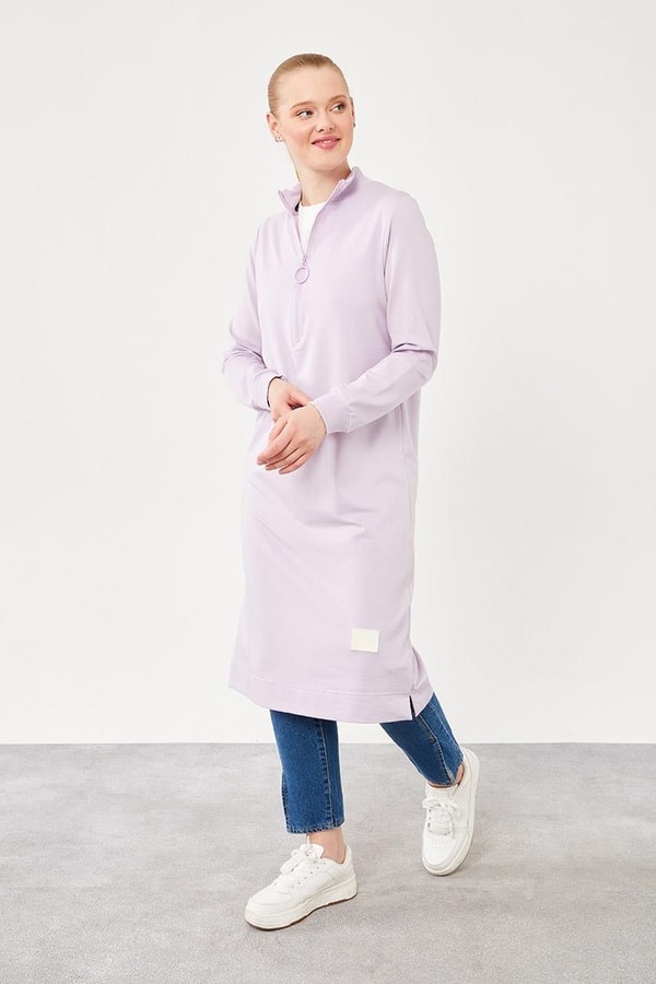 LevidorLevidor Lila Dik Yaka Fermuar Kapamalı Uzun Tunik