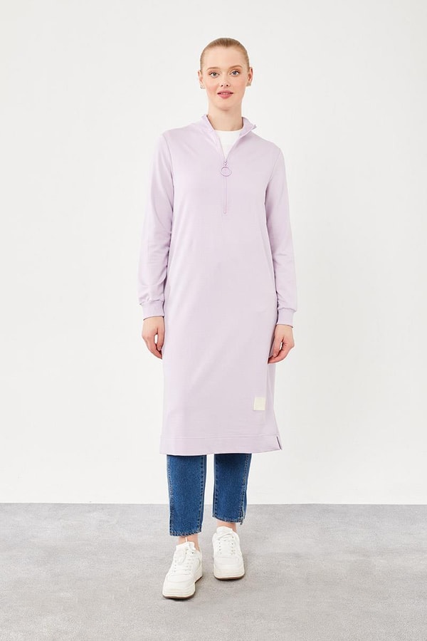LevidorLevidor Lila Dik Yaka Fermuar Kapamalı Uzun Tunik