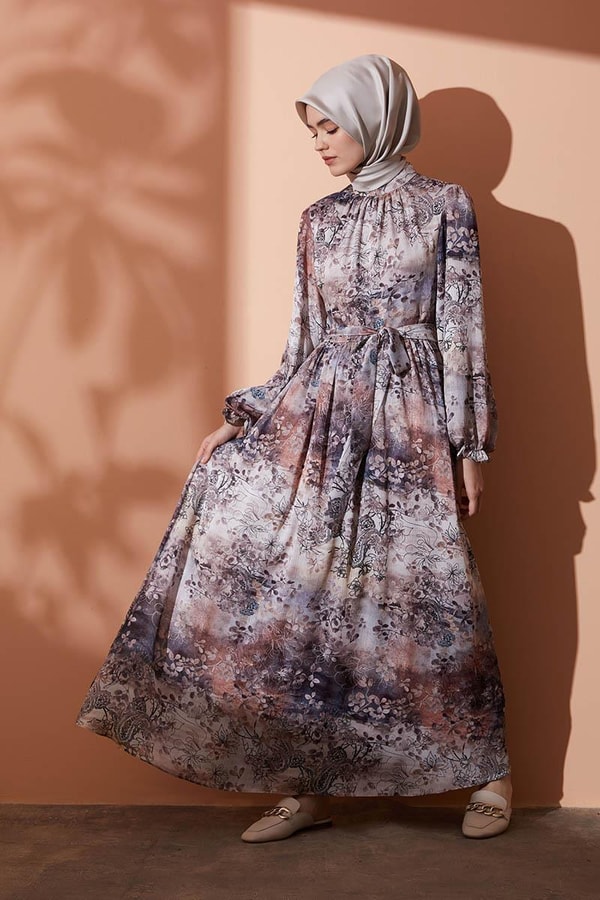 LevidorLevidor Lila Dik yaka kol ağzı büzgülü saten desenli elbise