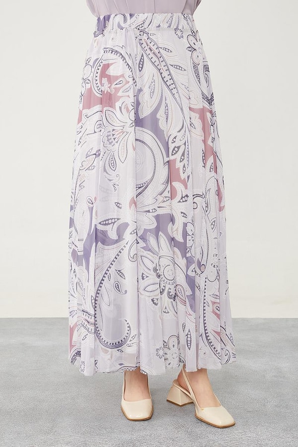 LevidorLevidor Lila Pliseli Çiçek Desen Şifon Etek