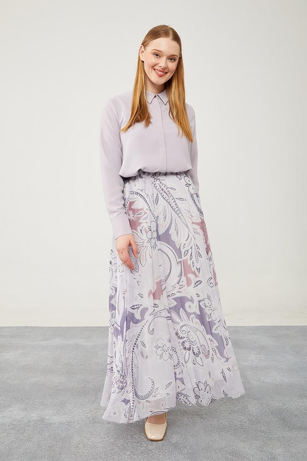 LevidorLevidor Lila Pliseli Çiçek Desen Şifon Etek